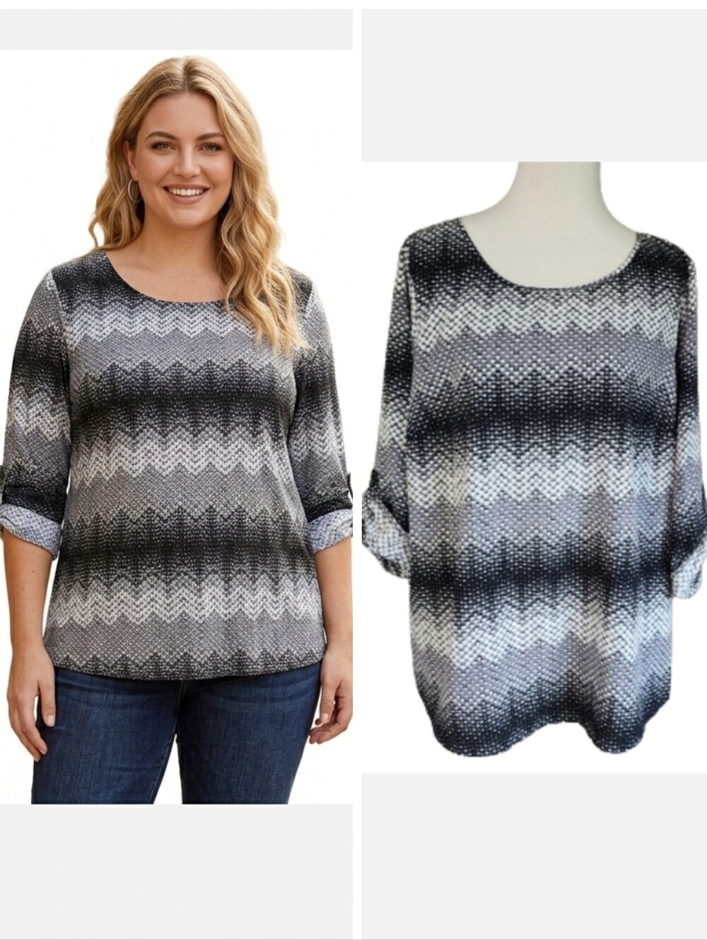 Plus size black gray and white polka dot roll tab sleeve blouse women's size 1X